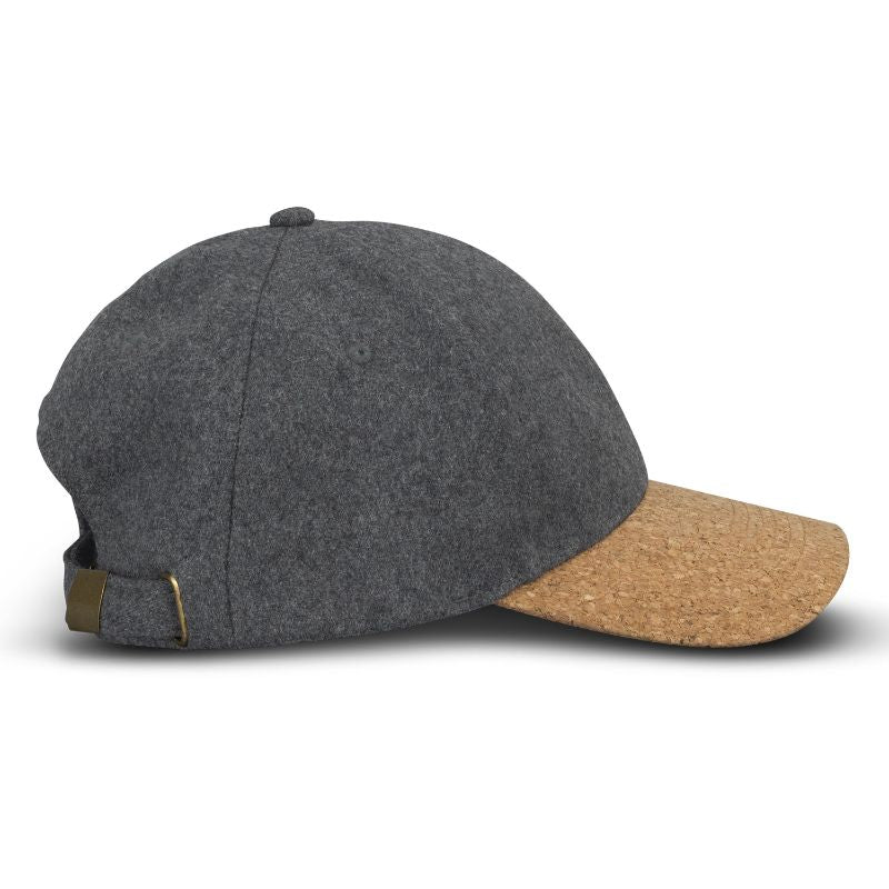 Charcoal six-panel cap with curved cork peak, adjustable fit, and grey eyelets for breathability, sold in sets of six.