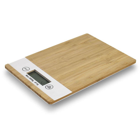 Eco-friendly bamboo kitchen scale set with digital screen, non-slip base, and precision tare feature for dry and liquid ingredients.