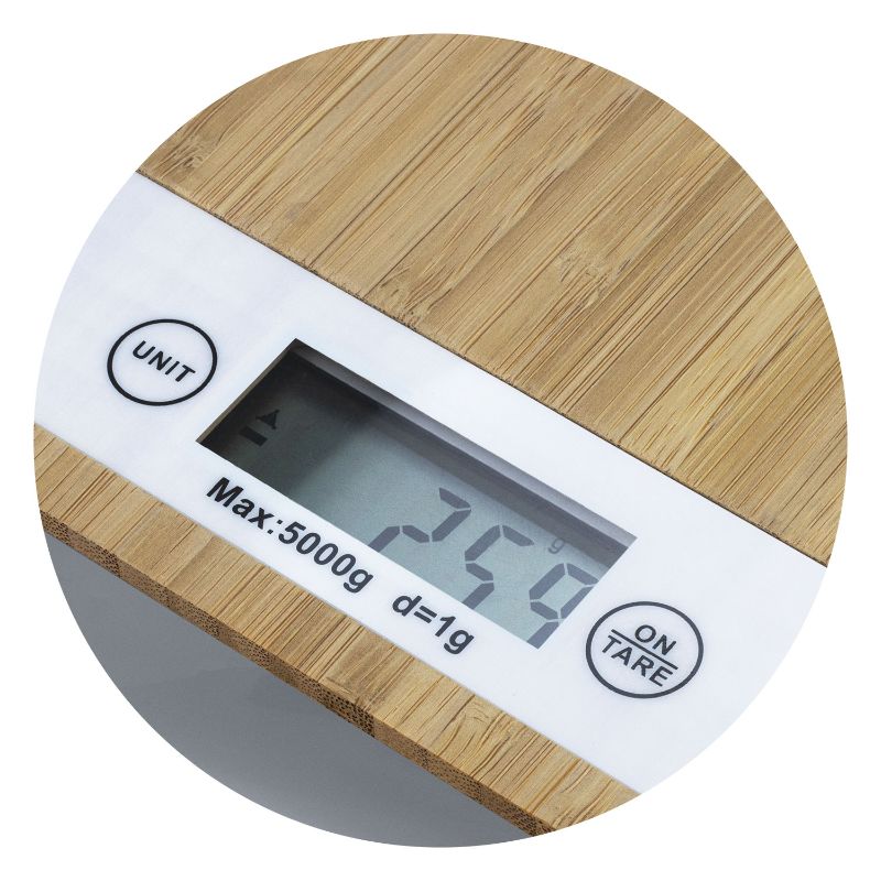 Eco-friendly bamboo kitchen scales with digital display, non-slip base, and tare feature, packaged in a natural kraft box.