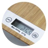 Eco-friendly bamboo kitchen scales with digital display, non-slip base, and tare feature, packaged in a natural kraft box.
