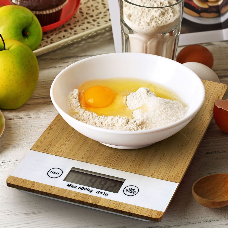 Eco-friendly bamboo kitchen scales set with digital screen, non-slip base, and tare function, ideal for precision weighing.