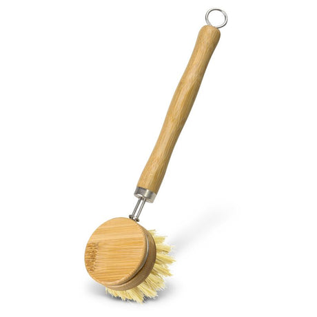 Eco-friendly bamboo dish brush set with removable sisal bristles, ideal for sustainable kitchen cleaning in a gift box.