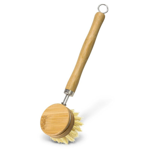 Eco-friendly bamboo dish brush set with removable sisal bristles, ideal for sustainable kitchen cleaning in a gift box.