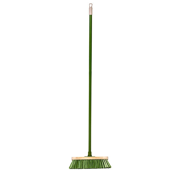 Vibrant green outdoor broom with a sturdy metal handle, designed for effective outdoor cleaning year-round.