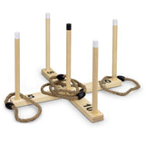 Ring Toss Game featuring six hemp rope rings and pine wood pegs, perfect for outdoor gatherings and family fun.