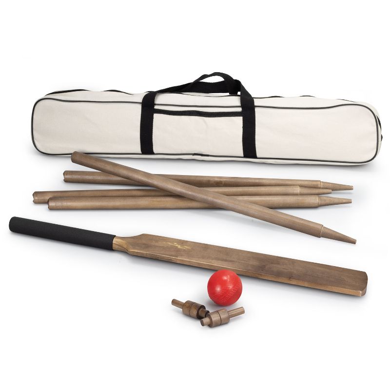 Boundary Cricket Set in natural pine, includes bat, four stumps, bails, and soft red ball, packaged in a stylish carry bag.