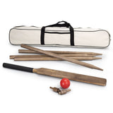 Boundary Cricket Set in natural pine, includes bat, four stumps, bails, and soft red ball, packaged in a stylish carry bag.
