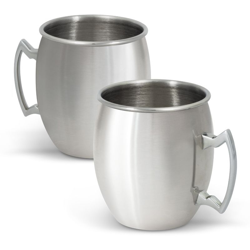 Set of three elegant silver Cossack Mule Mugs made from stainless steel, perfect for serving icy cocktails.