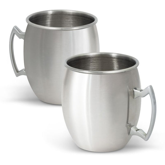 Set of three elegant silver Cossack Mule Mugs made from stainless steel, perfect for serving icy cocktails.