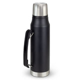 Black stainless steel Wayfarer flask with double-wall vacuum, screw-on cup, and carry handle for hot drinks on the go.