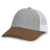 Galloway Corduroy Peak cap in heather Grey/Brown with mesh back, pre-curved peak, and adjustable snapback for comfort.