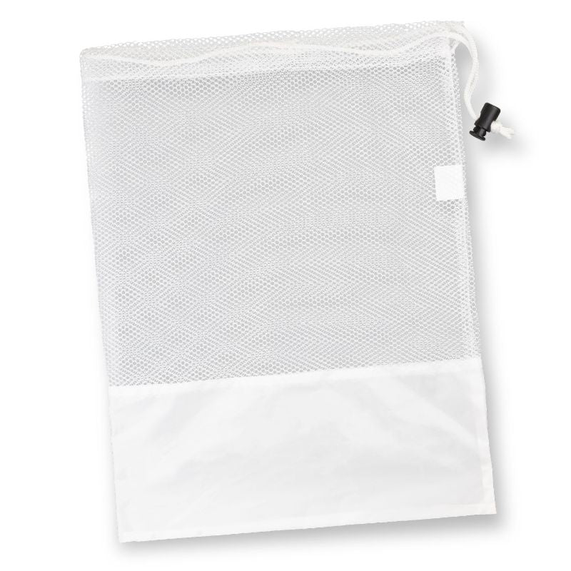 White drawstring mesh bags, 20 units, perfect for laundry, gym gear, or travel essentials; breathable and secure storage solution.