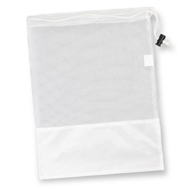 White drawstring mesh bags, 20 units, perfect for laundry, gym gear, or travel essentials; breathable and secure storage solution.