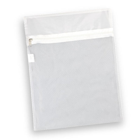 White mesh laundry bags (10 pack) made of durable 210D Polyester with zippered pocket for secure washing and air circulation.