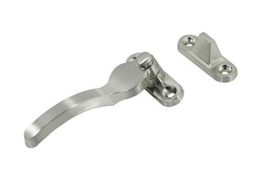 Satin nickel plated standard wedge fastener for securely closing side hung casement windows, includes fixing screws and template.