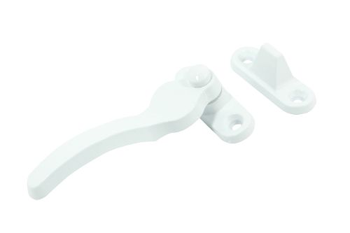 White powder-coated zinc wedge fastener for side hung casement windows, includes stainless steel screws and installation template.