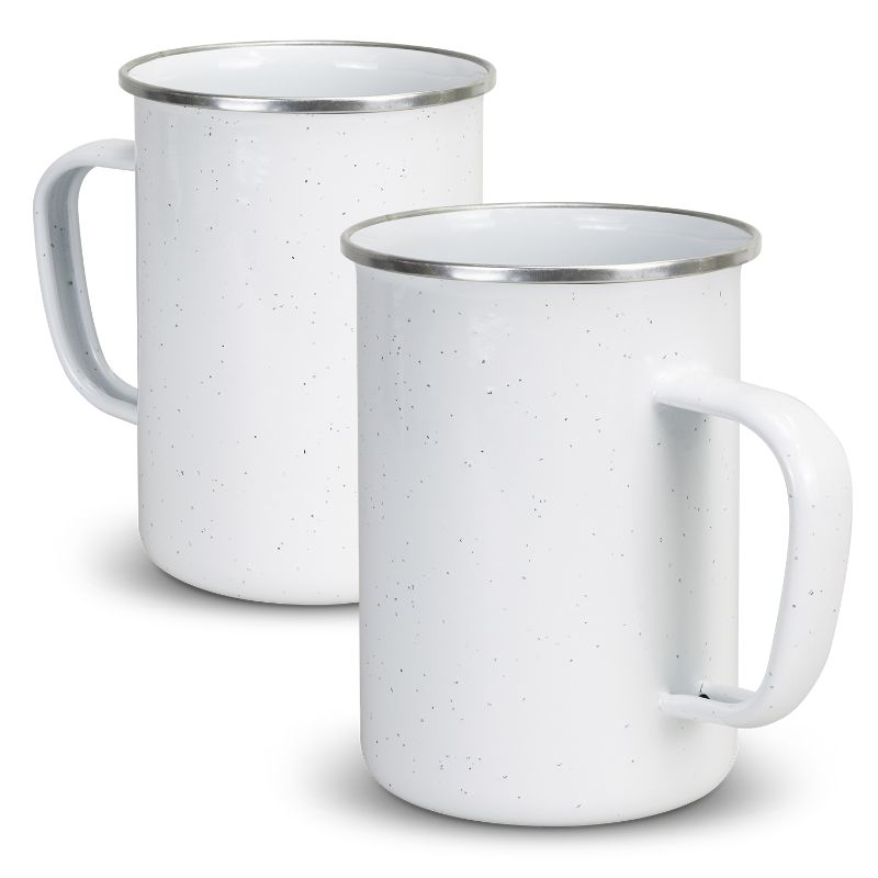 Set of 6 Bendigo 600ml enamel mugs in white, lightweight, BPA-free, perfect for outdoor adventures and camping.