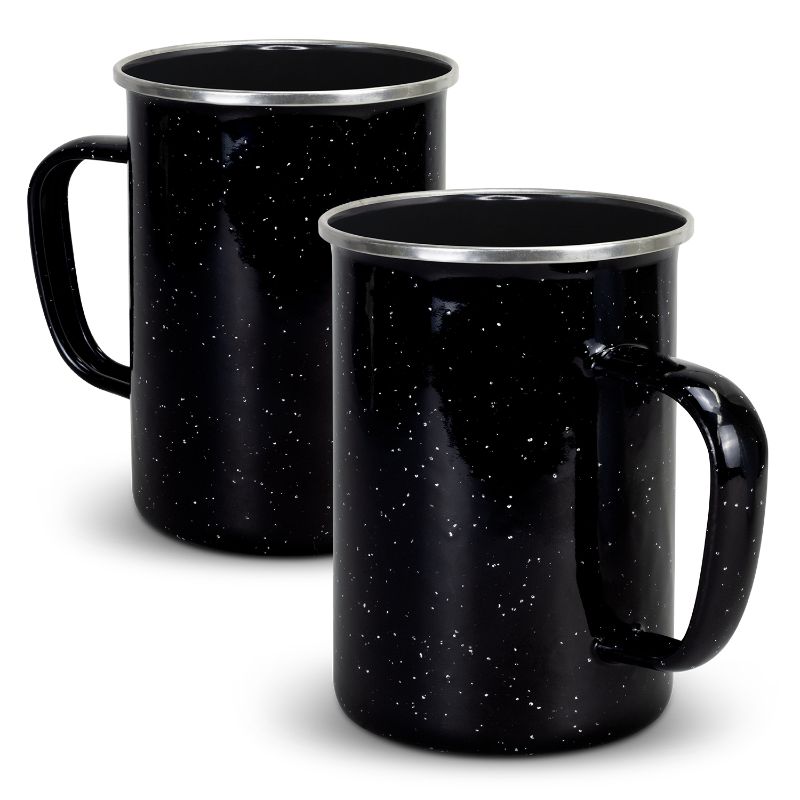 Set of 6 black enamel mugs, 600ml capacity, durable, stylish speckled finish, ideal for outdoor adventures.