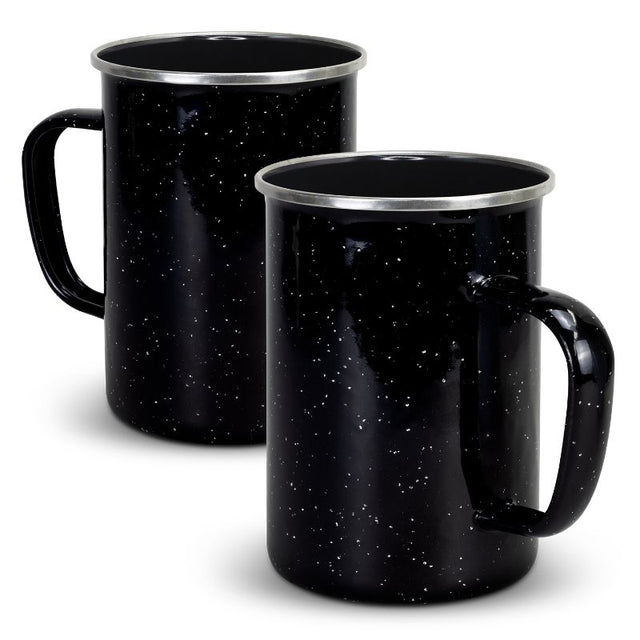 Set of 6 black enamel mugs, 600ml capacity, durable, stylish speckled finish, ideal for outdoor adventures.