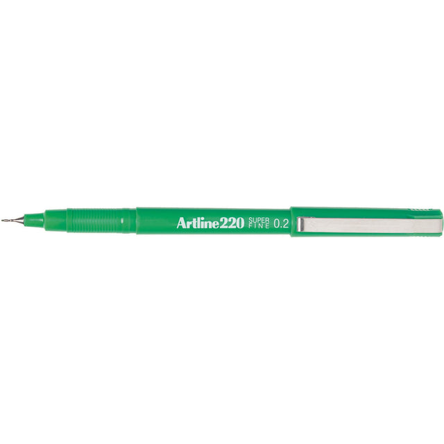 Artline 220 Fineliner Pen set in vibrant green, 0.2mm tips, perfect for precise drawing and writing, includes 12 pens.