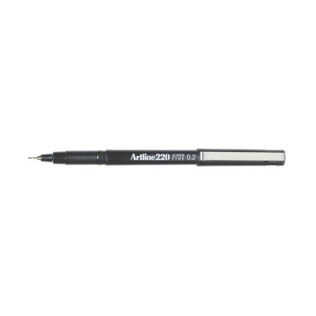 Artline 220 Fineliner Pen with a 0.2mm tip for precise detail work, featuring water-based, blur-proof ink in black.