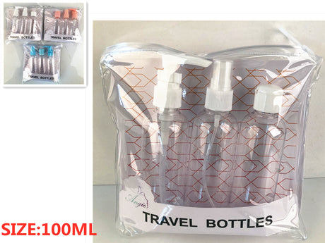 Clear, reusable 100ml travel bottles (12 total) for liquids, compact and leak-proof, ideal for hassle-free travel.