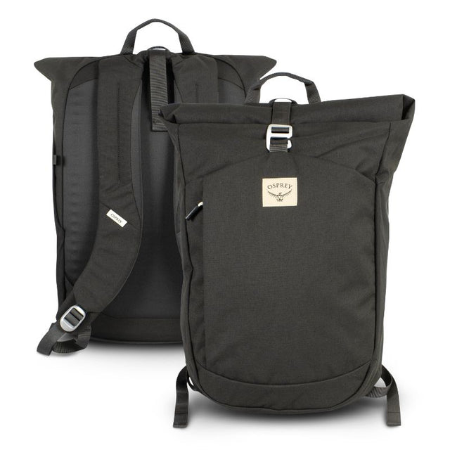 Osprey Arcane Roll Top Backpack in black, featuring a spacious roll-top, padded laptop sleeve, and mesh shoulder straps.