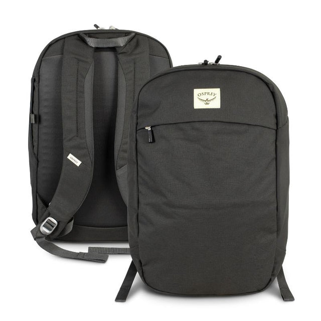 Osprey Arcane Large Day Backpack in black, featuring a spacious J-zip front, padded laptop sleeve, and breathable harness system.