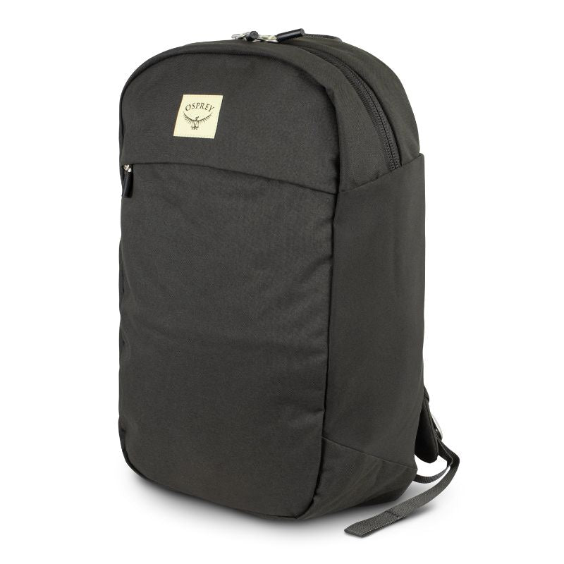 Osprey Arcane Large Day Backpack in black, featuring padded laptop sleeve, J-zip front, and breathable harness for comfort.