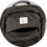 Black Osprey Arcane Large Day Backpack with spacious J-zip, laptop sleeve for 16-inch, and sustainable design from recycled materials.