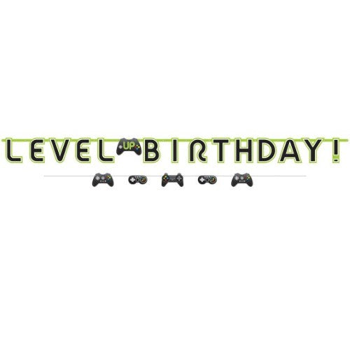 Vibrant Level Up Gaming Jumbo Birthday Banner Kit for game-themed parties, featuring dynamic designs and durable cardboard material.