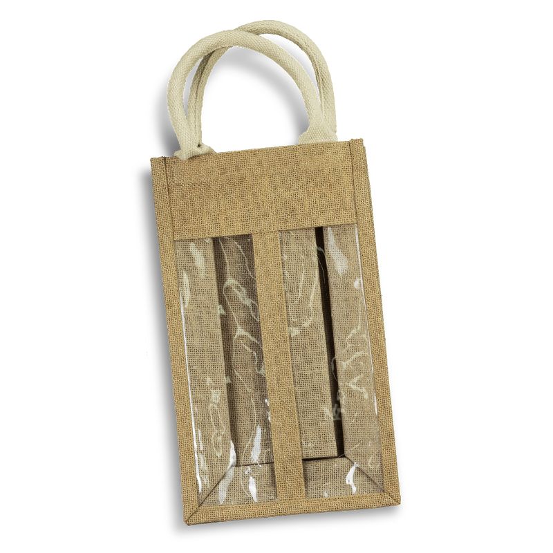 Eco-friendly jute double wine carrier with unbleached cotton handles and PVC panel, perfect for transporting two wine bottles.