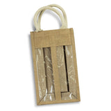 Eco-friendly jute double wine carrier with unbleached cotton handles and PVC panel, perfect for transporting two wine bottles.