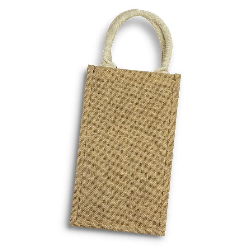 Jute double wine carrier in natural color, featuring unbleached cotton handles and a clear PVC front, perfect for two bottles.