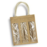 Eco-friendly jute wine carrier with clear PVC panel, handles three bottles securely; ideal for events and gifting.