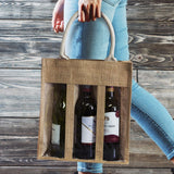 Eco-friendly jute wine carrier holds 3 bottles with cotton handles and PVC panel, perfect for gifting or events.