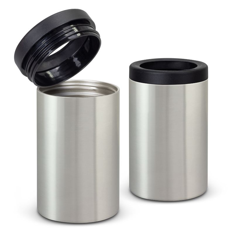A set of three silver vacuum-insulated stubby coolers designed to keep beverages cold and fit most bottle sizes.