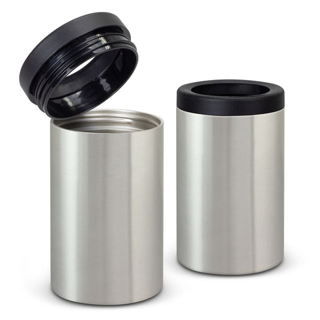 A set of three silver vacuum-insulated stubby coolers designed to keep beverages cold and fit most bottle sizes.