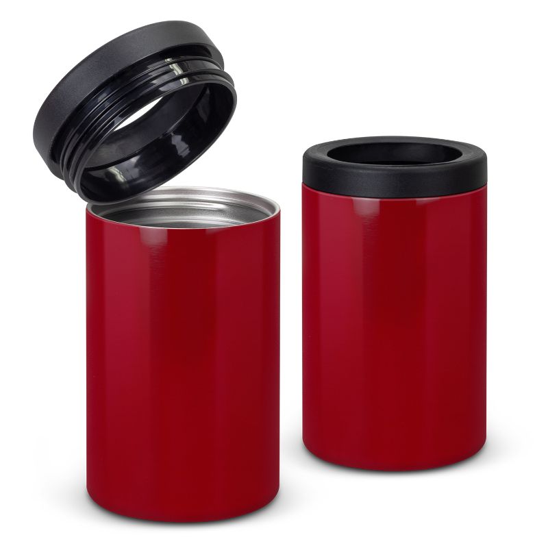 Vacuum insulated Brewski Red stubby coolers, set of 3, stainless steel for keeping drinks cold; fits most beer bottles.