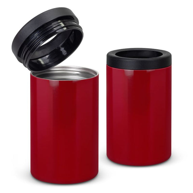 Vacuum insulated Brewski Red stubby coolers, set of 3, stainless steel for keeping drinks cold; fits most beer bottles.