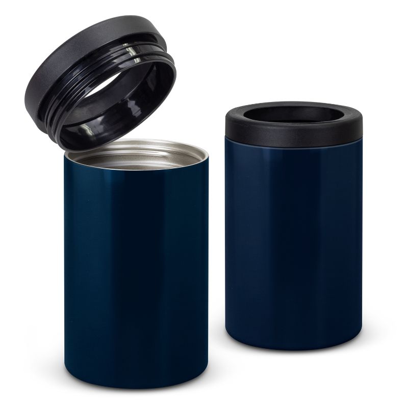 Set of 3 navy vacuum insulated stubby coolers, perfect for keeping bottles cold at outdoor events and gatherings.