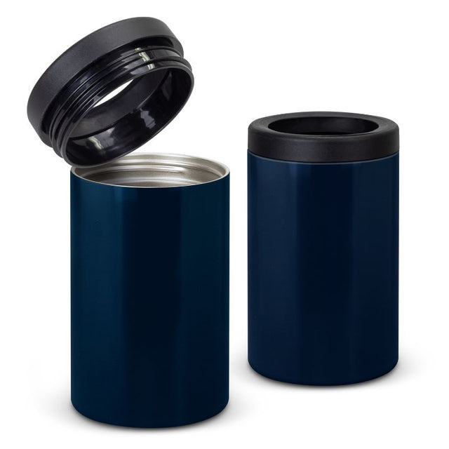 Set of 3 navy vacuum insulated stubby coolers, perfect for keeping bottles cold at outdoor events and gatherings.