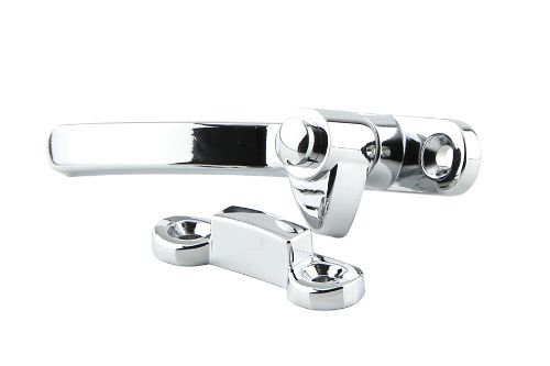 Chrome-plated left hand split rail fastener with packer, designed for durability and optimal draft sealing for windows.