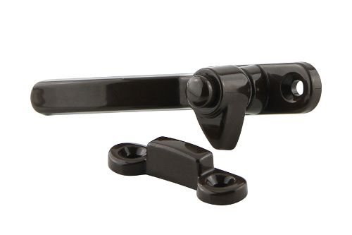 Left Hand Split Rail Fastener in Florentine Bronze with packer, suitable for side/top hung windows, includes stainless steel fixings.