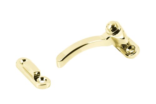 Left hand brass plated split rail fastener with packer for enhancing window functionality and energy efficiency.