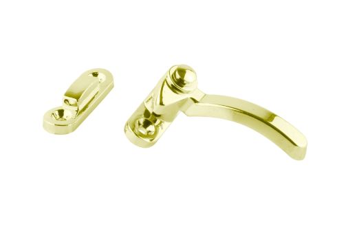 Right hand split rail fastener in brass plated zinc, designed for easy installation on side or top hung windows.
