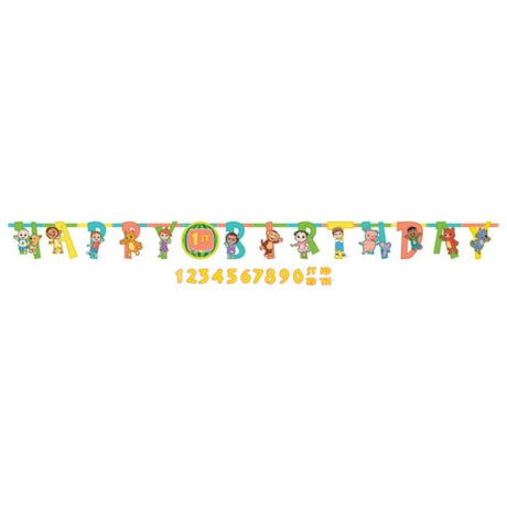 Cocomelon Jumbo Add-An-Age Banner for memorable birthday parties with colorful letters and number add-ons for personalized celebrating.