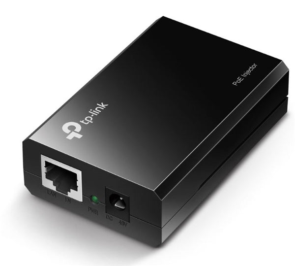 Power over Ethernet adapter delivering power and data to devices like IP cameras, featuring plug-and-play and gigabit support.