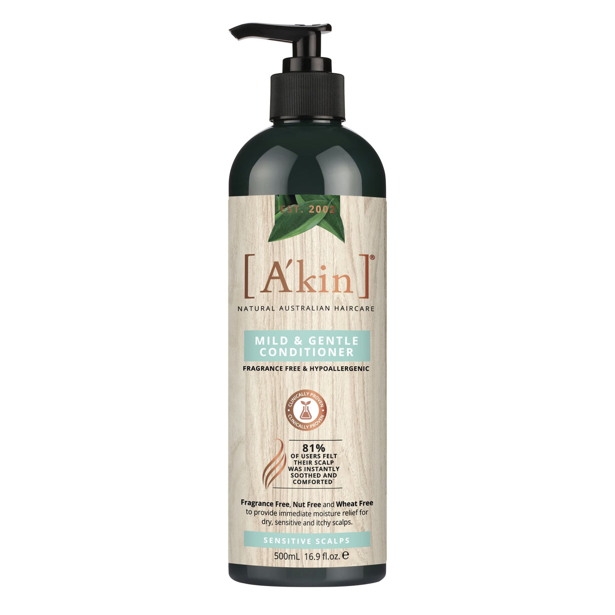 A'kin Mild & Gentle Fragrance Free Conditioner, 500mL for sensitive scalps, packed with Organic Rosehip Oil and Shea Butter.