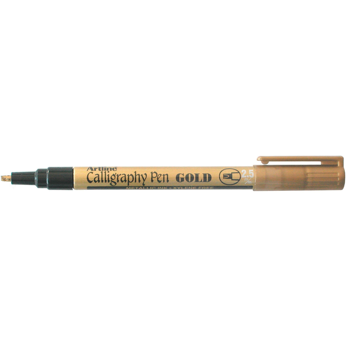 Artline 993 Metallic Gold Calligraphy Markers set of 12 with 2.5mm wedge nib for elegant lettering on non-porous surfaces.